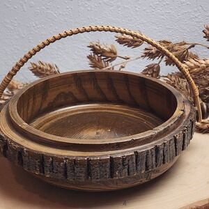 Rustic Log Wooden Bowl‎ w/Rattan Woven Handle Decorative Centerpiece Cabincore